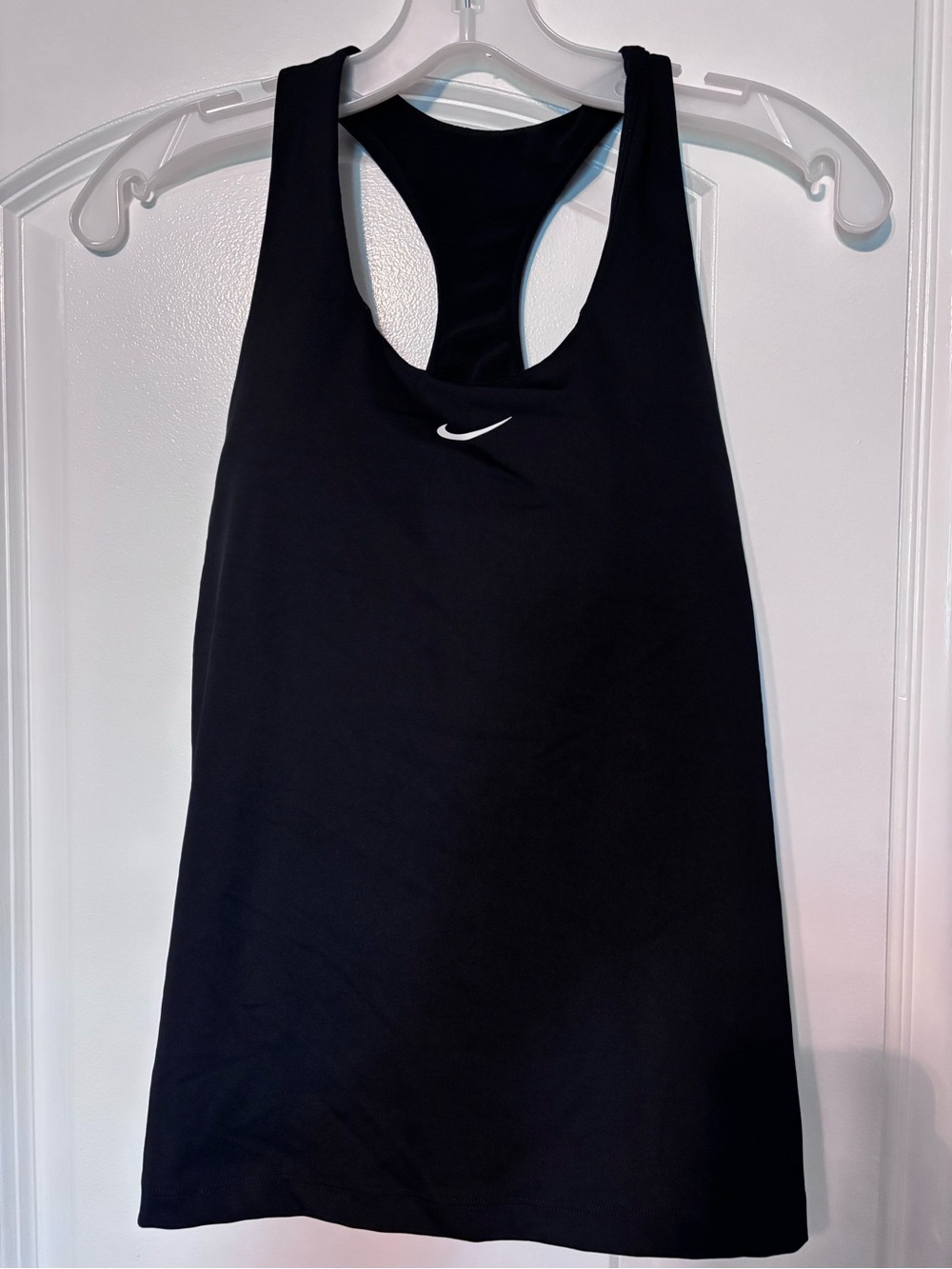 Nike Black Racerback Tank with White Swoosh & build in bra. Size Large